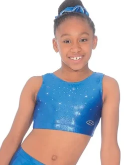 Dansebutikken Overdele Piger-Blå blank gymnastik top med sten til piger The zone