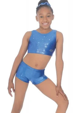 Dansebutikken Overdele Piger-Blå blank gymnastik top med sten til piger The zone