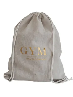 Dansebutikken Andet Til Gymnastik-Hør rygsæk/mulepose med guld GYM skrift