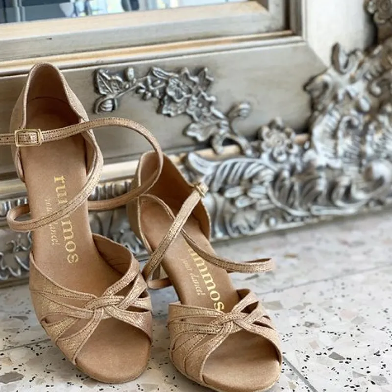 Dame Dansebutikken Brudesko|Salsasko Damer-Lys guld brokade dansesko 5 cm hæl Rummos