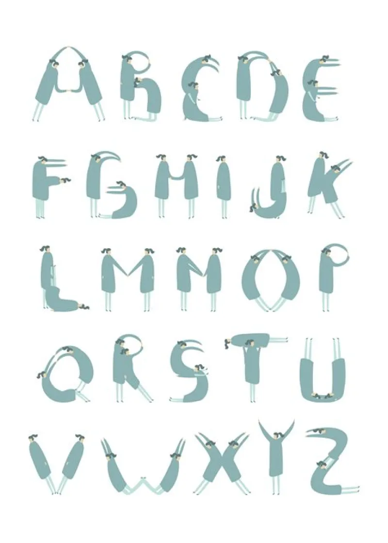 Dansebutikken Andet Til Yoga-Plakat med alfabet bogstaver formet som yogastillinger