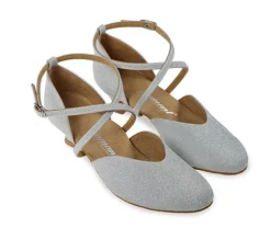Dame Dansebutikken Tangosko Damer|Social Dansesko-Sølv brokade dansesko fra Diamant med lukket snude