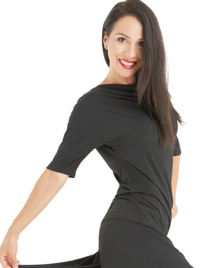 Dame Dansebutikken Danseoverdele Damer-Sort bluse med bådhals og halv lange ærmer