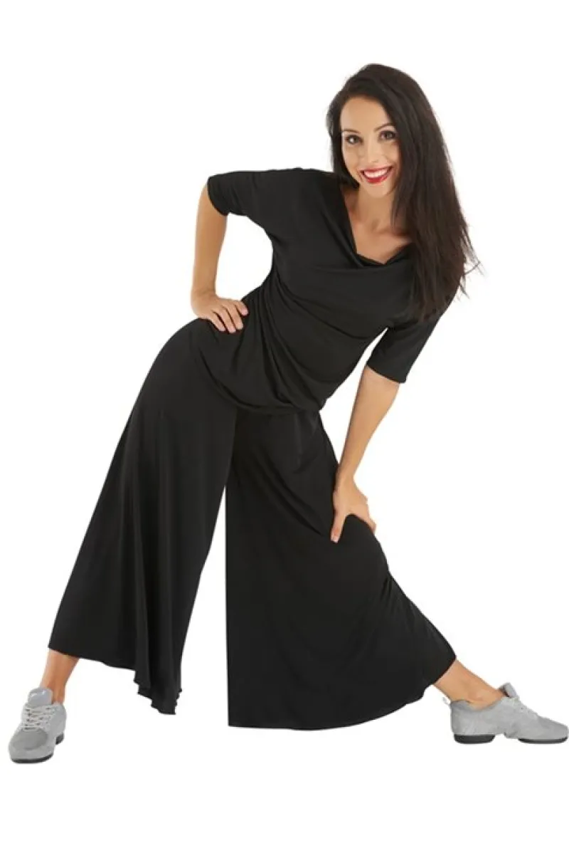 Dame Dansebutikken Danseoverdele Damer-Sort bluse med bådhals og halv lange ærmer