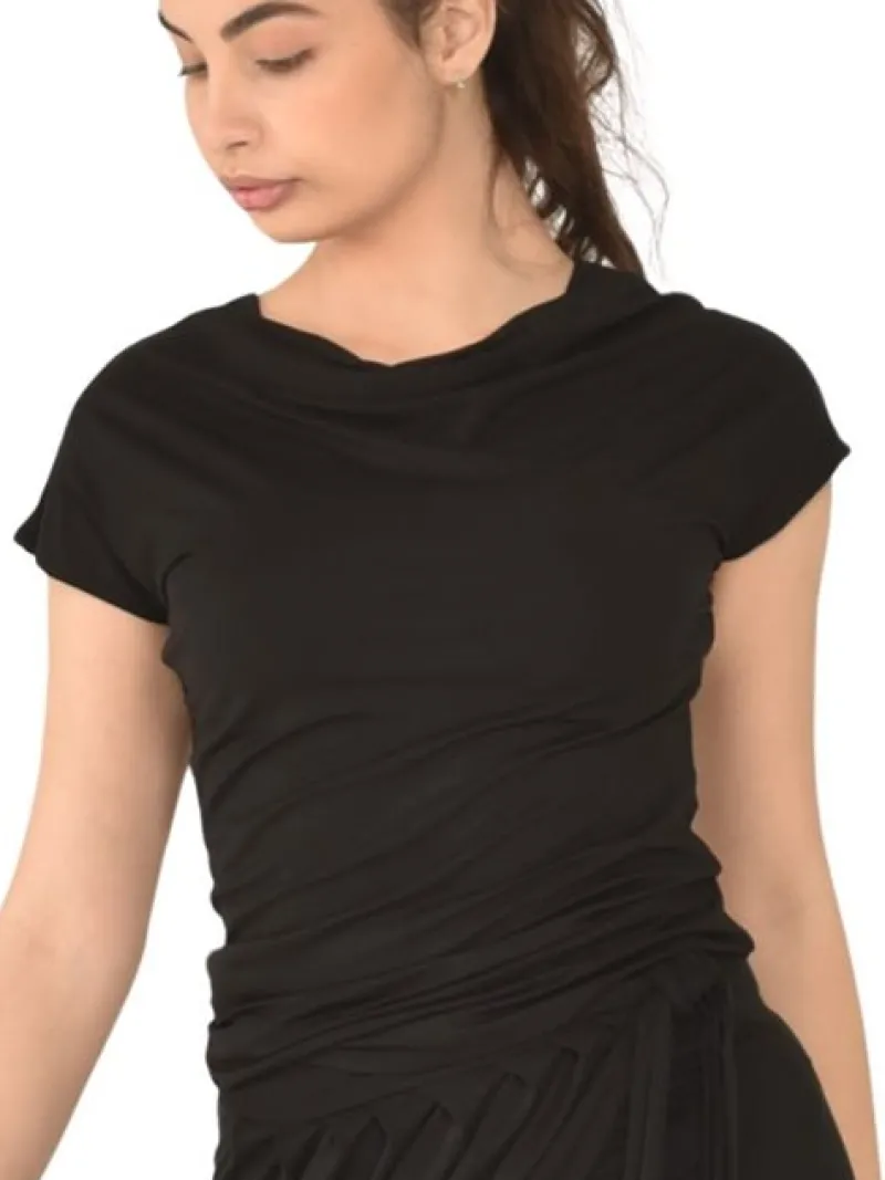 Dame Dansebutikken Danseoverdele Damer-Sort bluse med vandfalds hals og korte ærmer Danceverywear