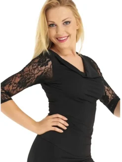 Dame Dansebutikken Danseoverdele Damer-Sort dansebluse med blonde ærmer - Ready4dance