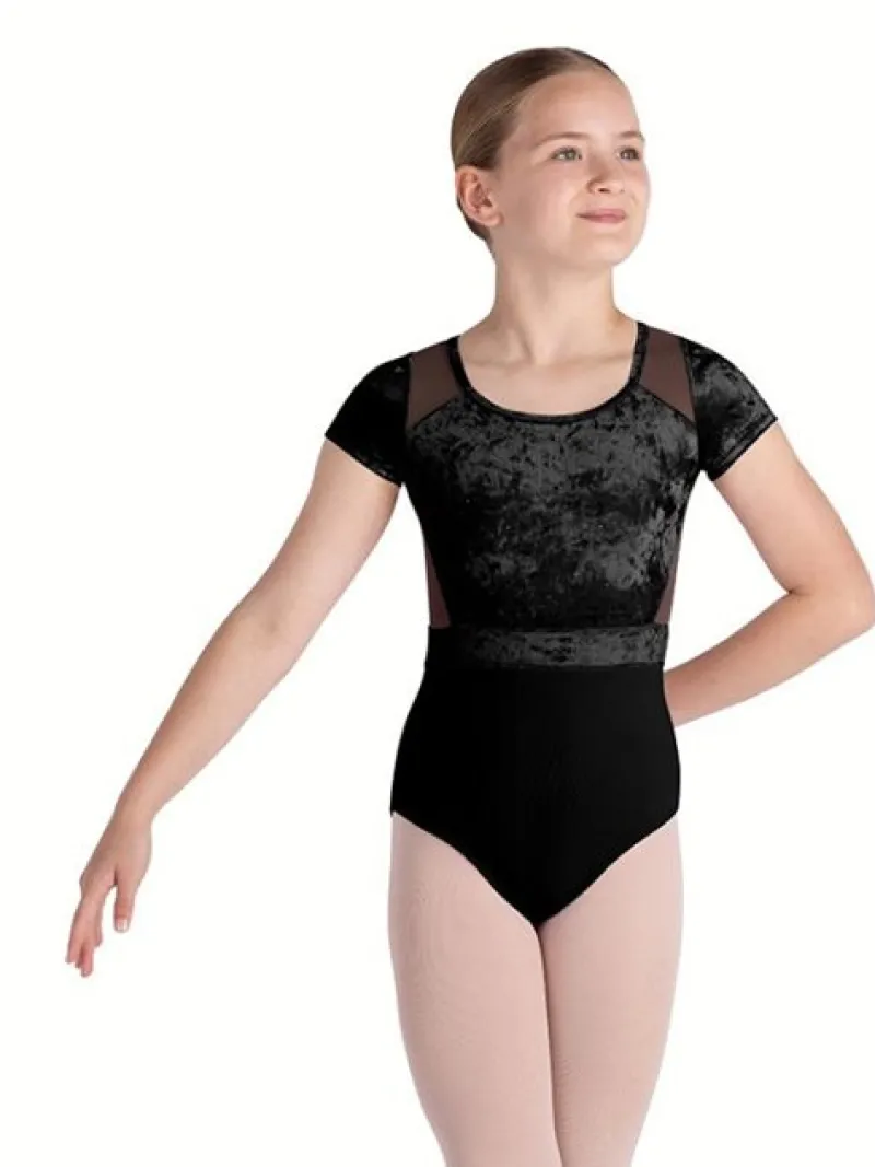 Børn Dansebutikken Balletdragter Børn-Sort dragt med velour, mesh og flot ryg fra Bloch