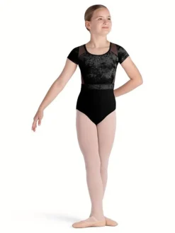 Børn Dansebutikken Balletdragter Børn-Sort dragt med velour, mesh og flot ryg fra Bloch