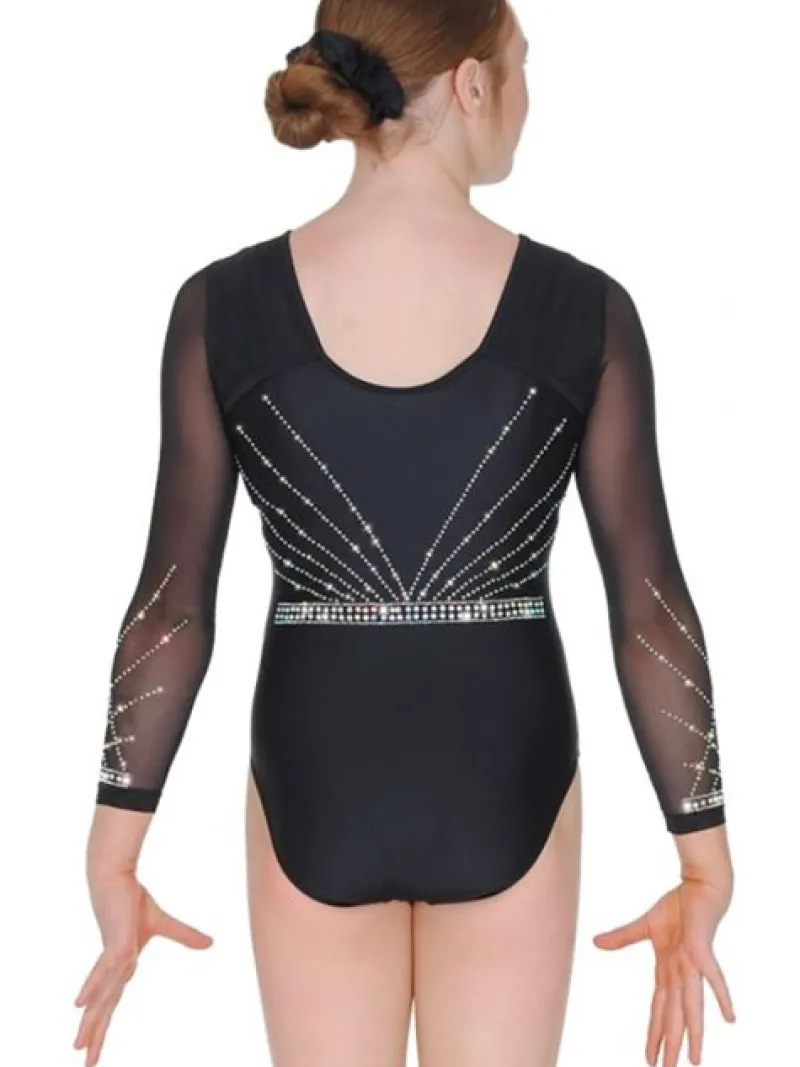 Dansebutikken Dragter Piger-Sort gymnastikdragt med mesh ærmer og sten piger The zone